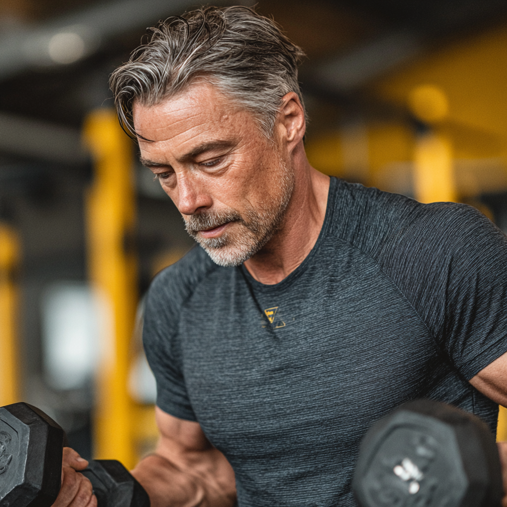 Чоловік 55 років виконує силові вправи з гантелями у спортзалі, демонструючи правильну техніку та концентрацію