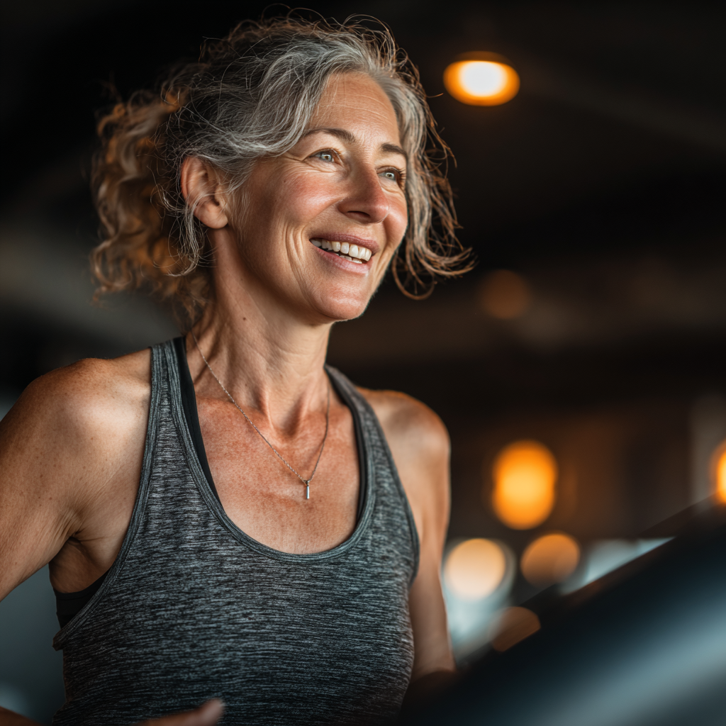 Жінка 58 років займається кардіо тренуванням на біговій доріжці, посміхається та виглядає енергійно