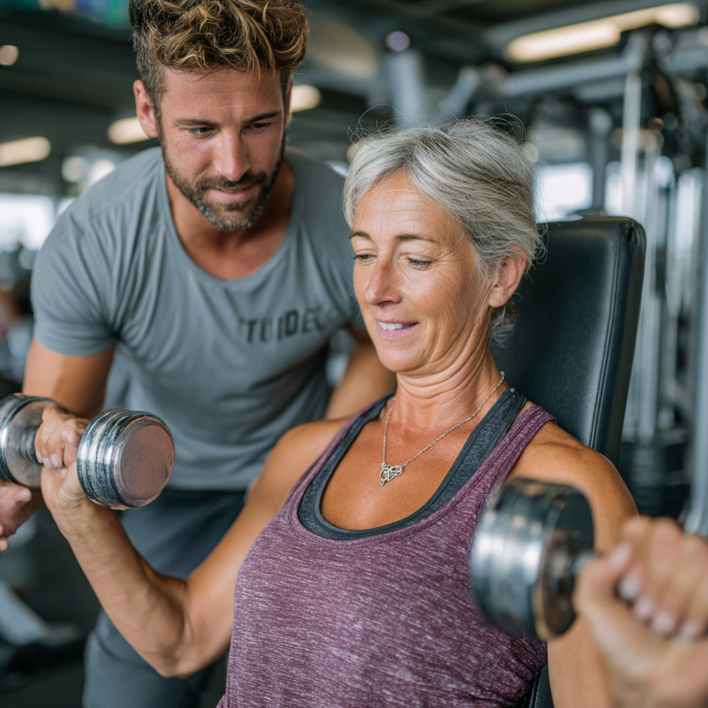 Персональний тренер працює з жінкою 52 років, показуючи правильну техніку виконання вправ у сучасному фітнес-залі